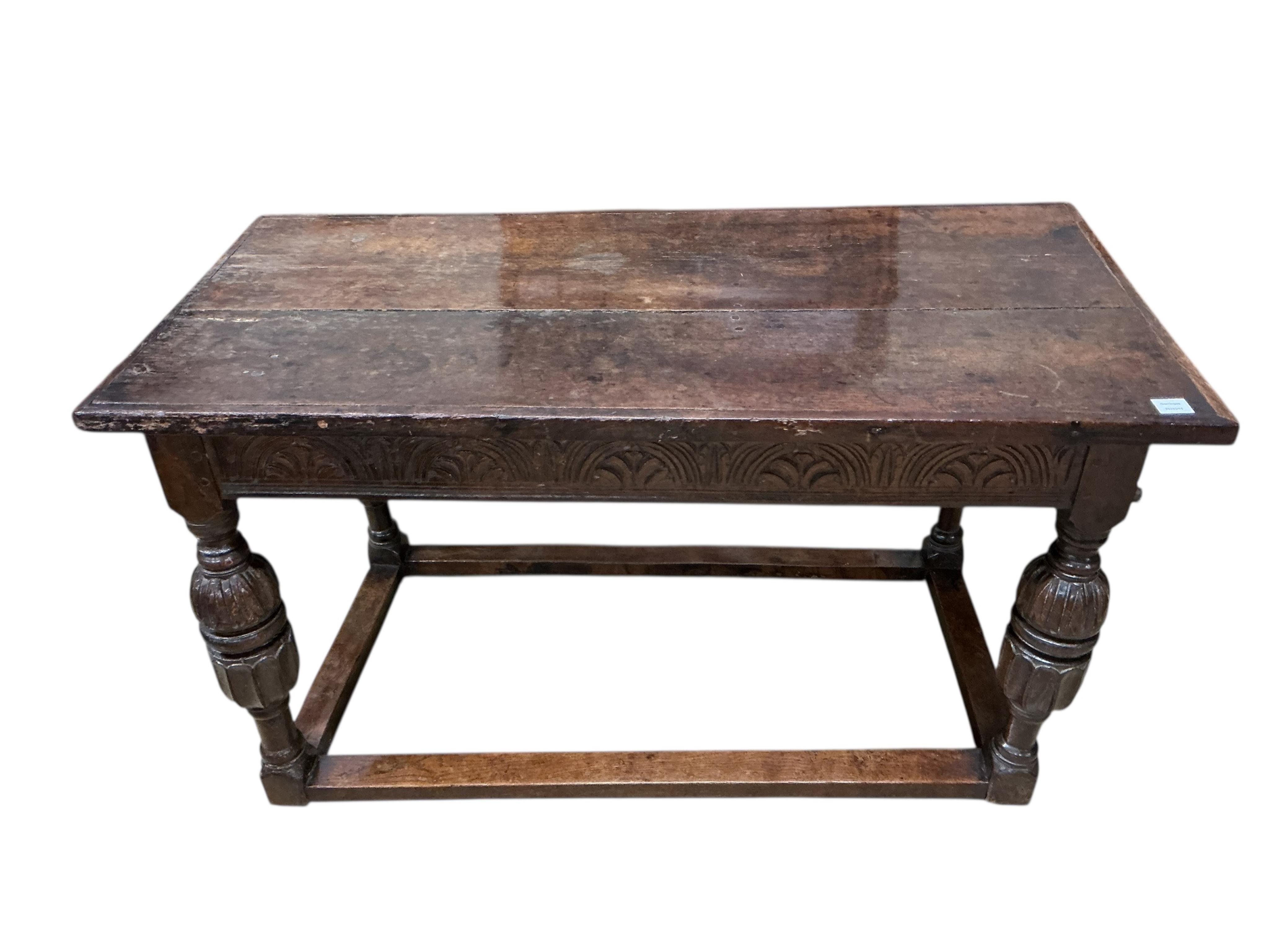 A small 17th century and later rectangular oak refectory table, (altered), width 140cm, depth 69cm, height 78cm